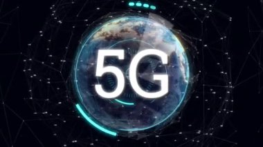 Küresel ve bağlantı ağlı 5g metin animasyonu. küresel iş, dijital arayüz, teknoloji ve ağ konsepti dijital olarak oluşturulmuş video.