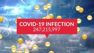 Bağlantı ağı ve gökyüzü üzerinden covid 19 veri işleme animasyonu. covid 19 salgın konsepti dijital ortamda oluşturulan video arayüzü, teknoloji ve ağ oluşturma.