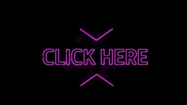 Pembe neon metnin animasyonu, siyah arkaplanda buraya tıklayın. Sosyal medya ve küresel iletişim arayüzü teknolojisi kavramı dijital olarak oluşturulmuş video.