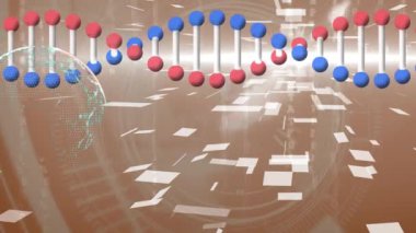 Dünya üzerinde dönen DNA iplikçiklerinin animasyonu. küresel bilim, dijital arayüz, teknoloji ve ağ konsepti dijital olarak oluşturulmuş video.