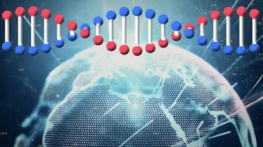 DNA iplikçikleri, dünya ve bağlantı ağı olan simgelerin animasyonu. küresel dijital arayüz, teknoloji ve ağ konsepti dijital olarak oluşturulmuş video.