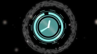 Animation of clock moving fast with scope scanning on black background. global digital interface, technology and networking concept digitally generated video.