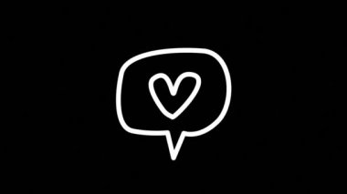 Siyah arka planda, beyaz neon kalbin konuşma baloncuğunda canlandırılması. Sosyal medya ve küresel iletişim arayüzü teknolojisi kavramı dijital olarak oluşturulmuş video.