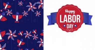 Beyaz üzerine İşçi Bayramı yazılı kırmızı, beyaz ve mavi Amerikan bayrağının animasyonu. Vatanseverlik, bağımsızlık ve kutlama konsepti dijital olarak oluşturulmuş video.