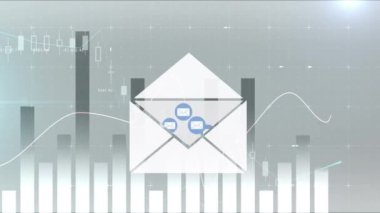 Animation of email envelope icons floating over interface with data processing on graphs and charts. global finance communication, social media and digital interface concept, digitally generated vide