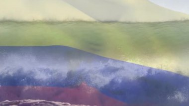 Güneşli sahil kenarında dalgalanan Kolombiya bayrağının animasyonu. Vatanseverlik, yaz ve tatil konsepti dijital olarak oluşturulmuş video.