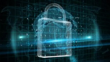 Çevrimiçi güvenlik asma kilidi ve bağlantı ağı olan dünyanın animasyonu. küresel dijital arayüz, teknoloji ve ağ konsepti dijital olarak oluşturulmuş video.