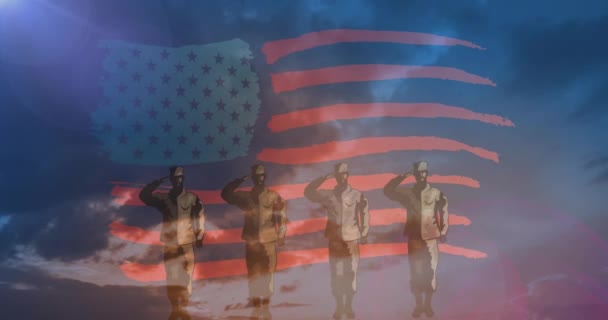 Animación Soldados Saludando Bandera Americana Patriotismo Fuerzas Armadas Independencia Celebración — Vídeo de stock