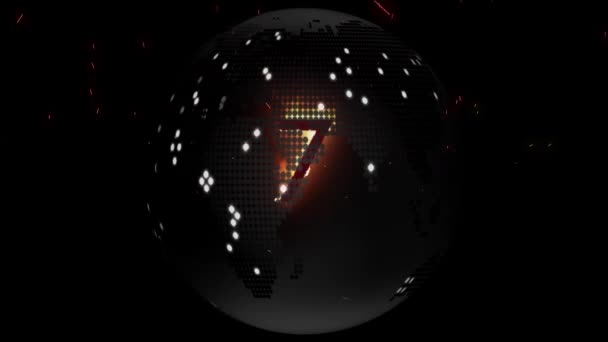 在黑色背景下 第7号在全球范围内的火焰中的动画 全球数字接口 技术和网络概念 — 图库视频影像