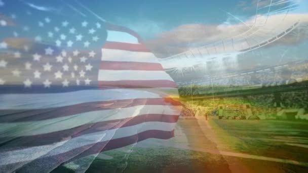 在阳光灿烂的海滨和海滩上飘扬的美国国旗的动画 爱国主义 暑期和假日概念数码制作的录像 — 图库视频影像