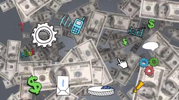 Animation Digital Icons American Dollar Banknotes Falling Grey Background Global — Αρχείο Βίντεο