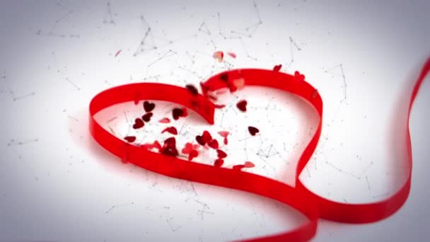 Kırmızı Kurdelenin Kalp Şeklinde Kırmızı Kalp Konfetisinin Beyaz Üzerinden Düşüşü — Stok video