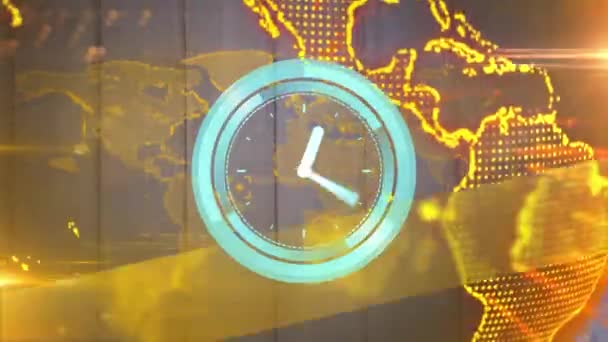 Анимация Часов Быстро Движущихся Всему Земному Шару Вращающихся Фоновом Режиме — стоковое видео