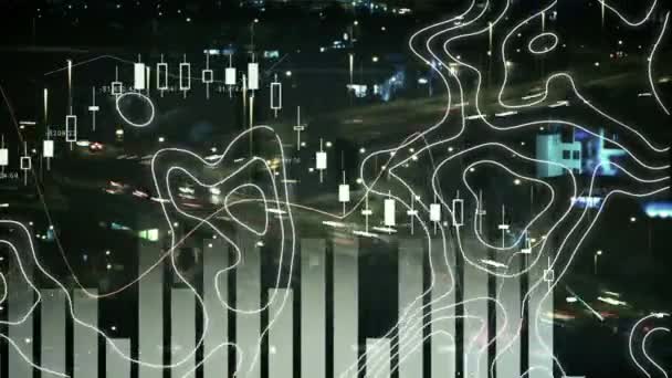 Animatie Van Topografische Kaarten Die Nachts Gegevensverwerking Grafiek Stadsweg Bewegen — Stockvideo