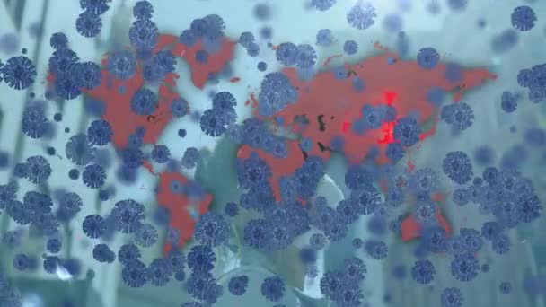 Animation Von Covid Zellen Über Weltkarte Und Frau Gesichtsmaske Global — Stockvideo