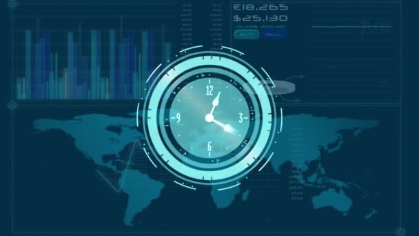 Reloj Neón Marcando Sobre Mapa Del Mundo Contra Interfaz Digital — Vídeo de stock