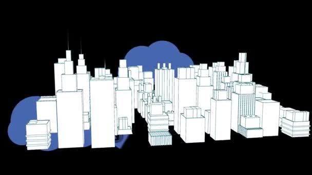 3D城市景观动画在黑色背景上与云彩和数字图标旋转 全球商业 数字接口 技术和网络概念 — 图库视频影像