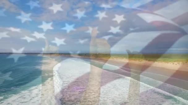 Animación Bandera Americana Ondeando Gente Dando Pulgares Hacia Arriba Sobre — Vídeos de Stock