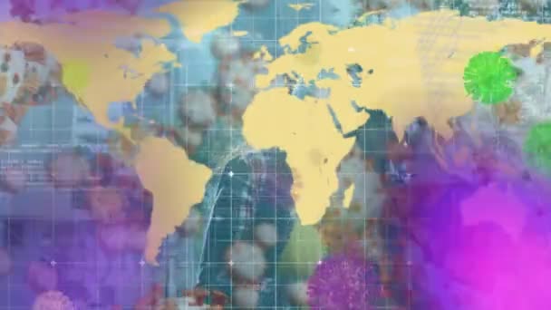 Animation Covid Κύτταρα Πάνω Από Τον Παγκόσμιο Χάρτη Παγκόσμια Covid — Αρχείο Βίντεο