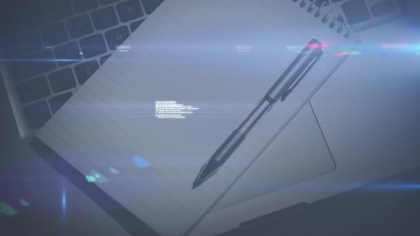 Animazione Del Trattamento Dei Dati Notebook Penna Sulla Scrivania Interfaccia — Video Stock