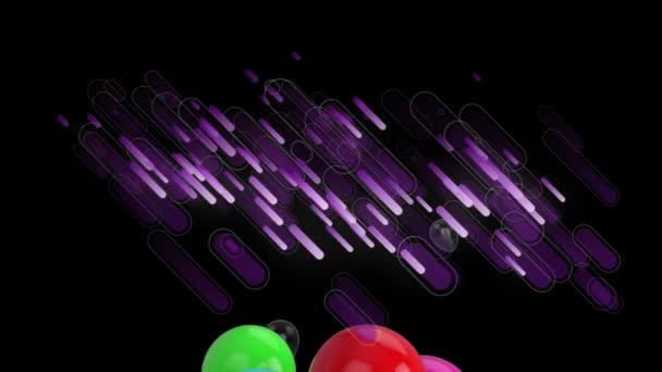 Animação Balões Coloridos Com Balões Pretos Flutuantes Trilhas Luz Roxa — Vídeo de Stock