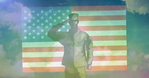 Animatie Van Een Soldaat Die Salueert Boven Amerikaanse Vlag Patriottisme — Stockvideo