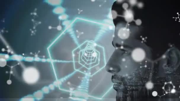 Neon Dijital Tünelin Üzerinde Yüzen Moleküler Yapılar Insanın Yan Görüntüsüne — Stok video