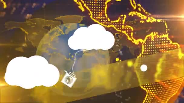 Animación Nubes Iconos Digitales Sobre Globo Girando Fondo Interfaz Digital — Vídeos de Stock
