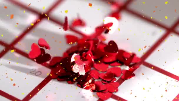 Animação Corações Vermelhos Subindo Fundo Branco Com Grade Vermelha Confetes — Vídeo de Stock