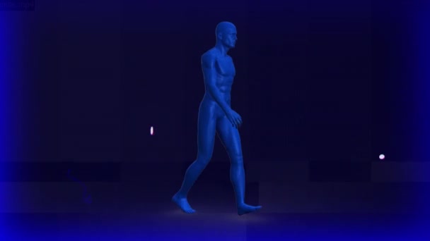 Animation Human Model Walking Distressed Blue Background Medicine Science Concept — Stock Video