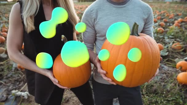 Animation Glowing Bubbles Man Woman Holding Pumpkins Pumpkin Patch Halloween — Stock Video