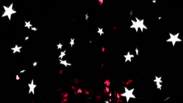 Animation Cœurs Rouges Étoiles Blanches Tombant Sur Fond Noir Valentin — Video