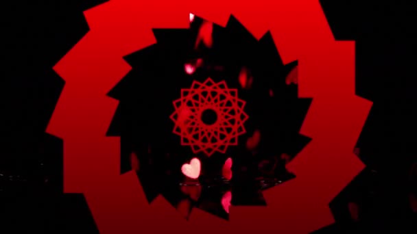 Animation Red Kaleidoscope Shapes Red Hearts Falling Black Background Valentine — Stock Video