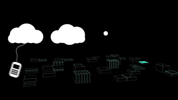 Animación Nubes Digitales Iconos Sobre Dibujo Paisaje Urbano Sobre Fondo — Vídeo de stock