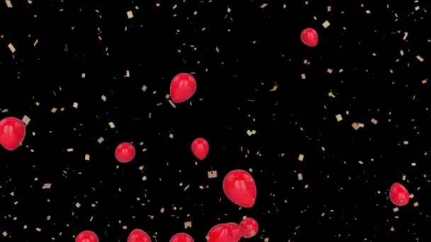 Animatie Van Drijvende Rode Ballonnen Stijgen Confetti Vallen Zwarte Achtergrond — Stockvideo