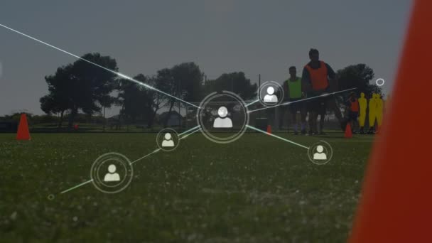 Animazione Della Rete Connessioni Sui Giocatori Calcio Che Praticano Sul — Video Stock