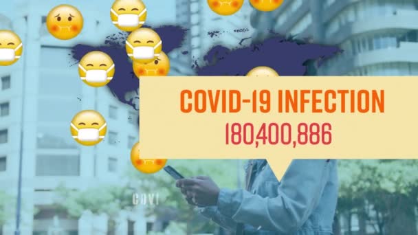 Animación Covid Procesamiento Datos Sobre Mujer Múltiples Emojis Enfermos Con — Vídeos de Stock