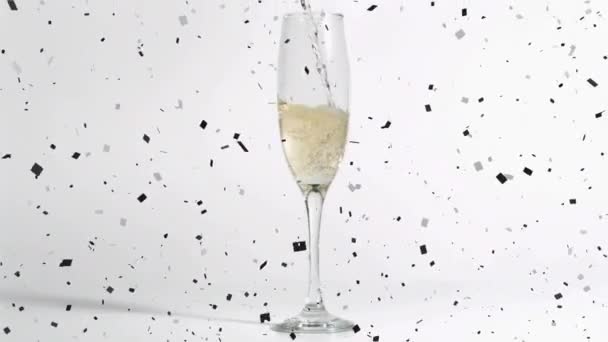 Animation Champagne Glass Champagne Pouring Confetti Falling White Background Celebration — Stok video