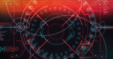 Işık izlerinin dijital görüntüsü ve siyah zemin üzerindeki yuvarlak neon tarayıcıya karşı arıza etkisi. doku ve tasarım ile teknoloji arkaplanı