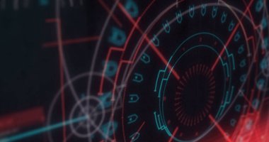 Işık izlerinin dijital görüntüsü ve siyah zemin üzerindeki yuvarlak neon tarayıcıya karşı arıza etkisi. doku ve tasarım ile teknoloji arkaplanı