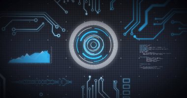 Kapsam taraması, işlemci elemanları ve veri işleme resmi mavi arkaplanda. dijital arayüz ve küresel bağlantı konsepti dijital olarak oluşturulmuş görüntü.