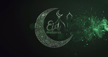 Yeşil arka planda hilal ay ve camii olan Mübarek bayramında kayan yıldız. İslam bayramı kutlaması konsepti