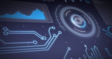 Izgara üzerindeki ekranlarda veri işleme ve tarama görüntüsü. dijital arayüz, küresel veri işleme ve dijital olarak oluşturulmuş görüntü konsepti.