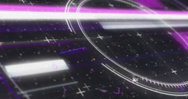 Siyah arkaplanda işaretlerle parlayan tarama ve dönme görüntüsü. dijital arayüz bağlantısı ve dijital olarak oluşturulan iletişim konsepti.