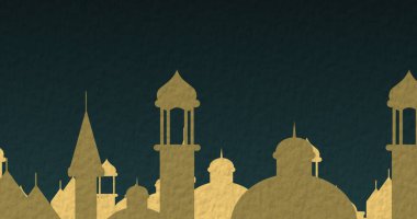 Ay 'ın, yıldızların ve kuzuların mavi arka planda gece şehrin dışında kesilen altının üzerinde asılı görüntüsü. Gece konseptinde şehir manzarası dijital olarak oluşturulmuş görüntü.
