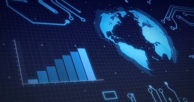 Küresel görüntü, işlemci elementleri ve veri işleme şebekesi. dijital arayüz, küresel veri işleme ve dijital olarak oluşturulmuş görüntü konsepti.