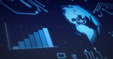 Küresel görüntü, işlemci elementleri ve veri işleme şebekesi. dijital arayüz, küresel veri işleme ve dijital olarak oluşturulmuş görüntü konsepti.