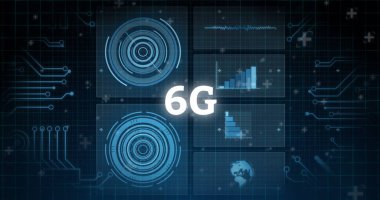 Ekranlarda tarama ve veri işleme dürbünü olan 6G metin resmi. Dijital olarak oluşturulan bağlantı ve teknoloji ağı.