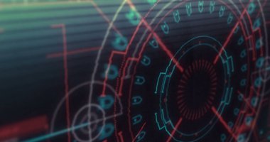 Işık izlerinin dijital görüntüsü ve siyah zemin üzerindeki yuvarlak neon tarayıcıya karşı arıza etkisi. doku ve tasarım ile teknoloji arkaplanı