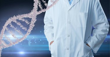 Erkek doktorun orta kesiminde DNA yapısına ve mavi arka planda ışık lekelerine karşı. tıbbi araştırma ve bilim teknolojisi kavramı
